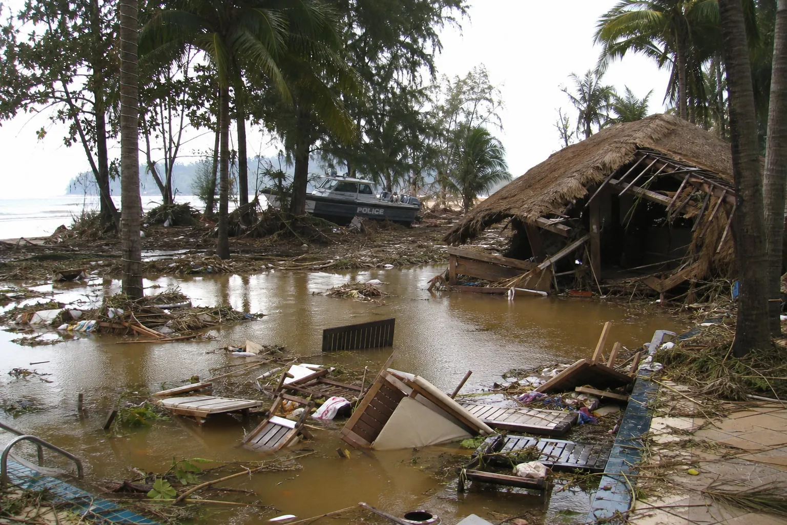 Flooded hotel grounds in Phuket after the 2004 tsunami