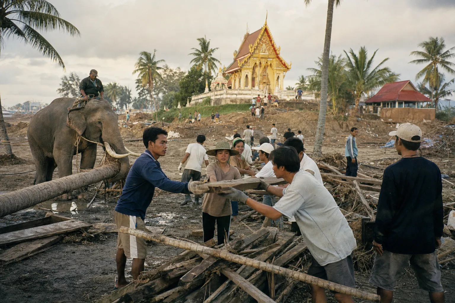 Residents and elephants clearing debris after the tsunami, a temple on high ground left standing