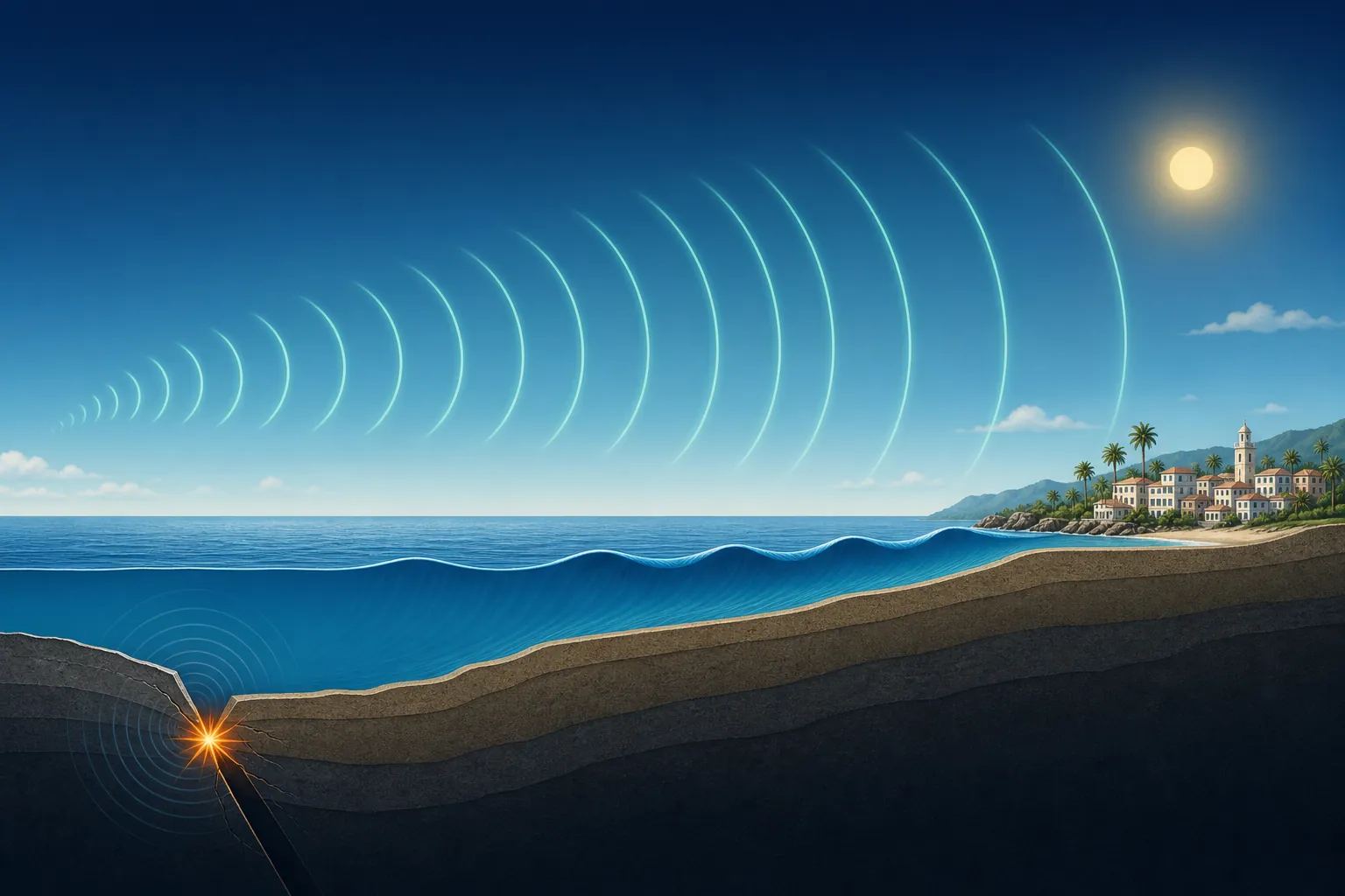 Diagram: infrasound from an undersea earthquake outruns the tsunami wave and reaches the coast first