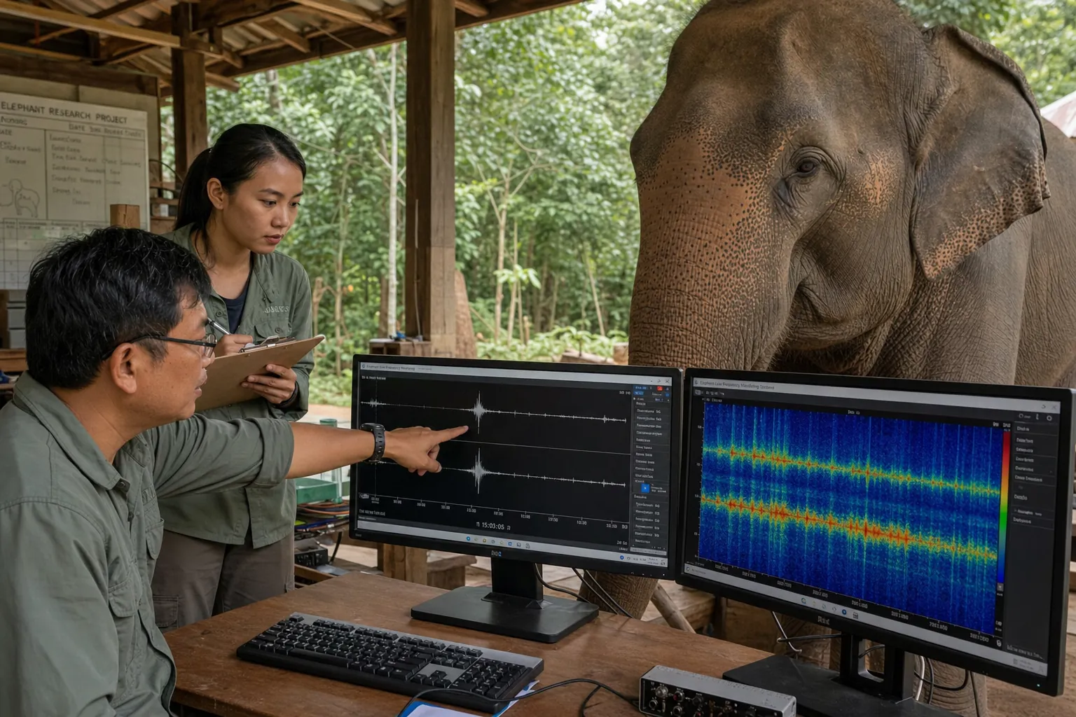 Scientists watching waveforms next to an elephant at a field station