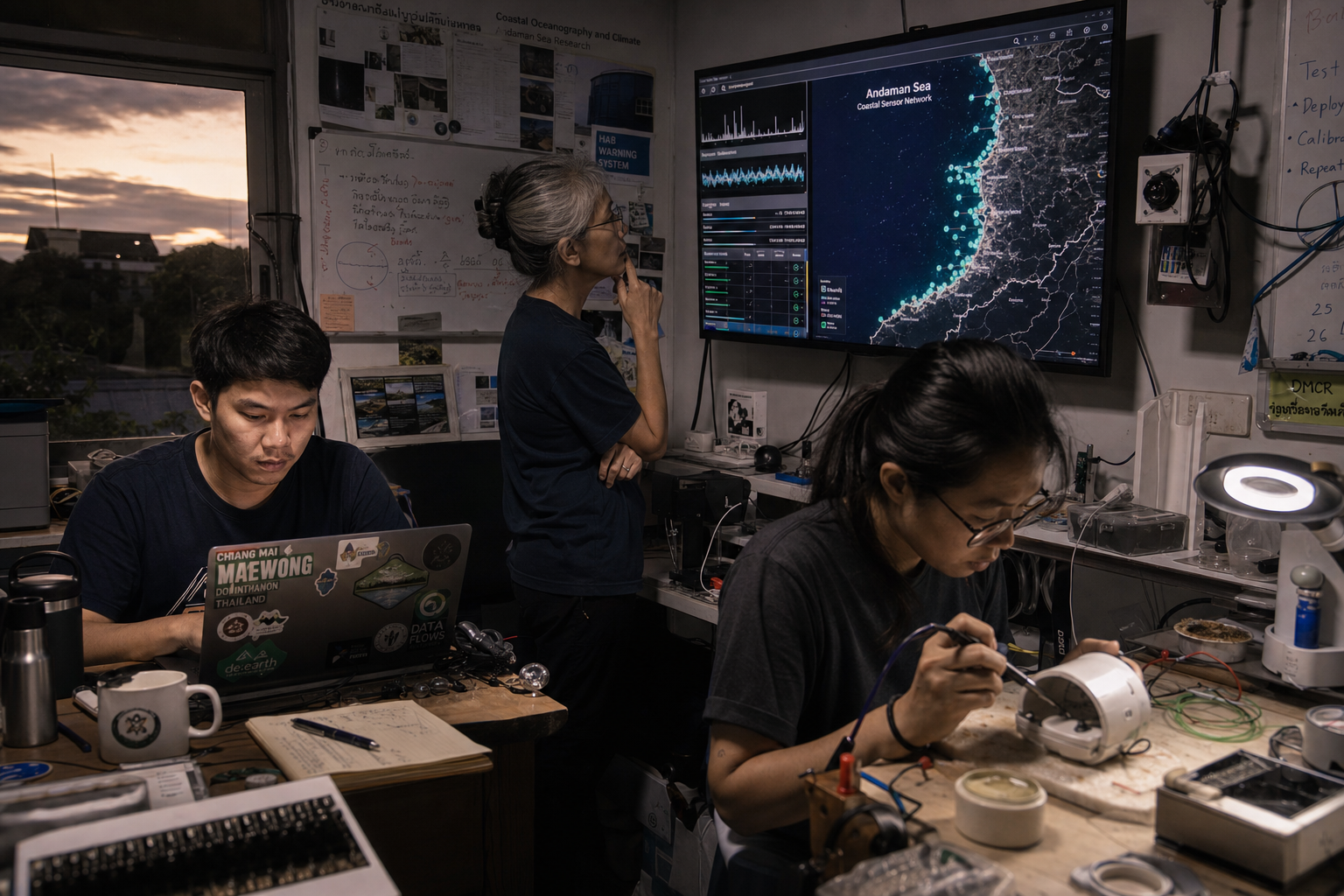 The team in a field lab: a map of the Andaman coast, a sensor being assembled