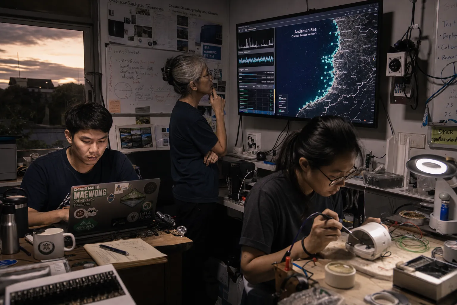 The team in a field lab: a map of the Andaman coast, a sensor being assembled