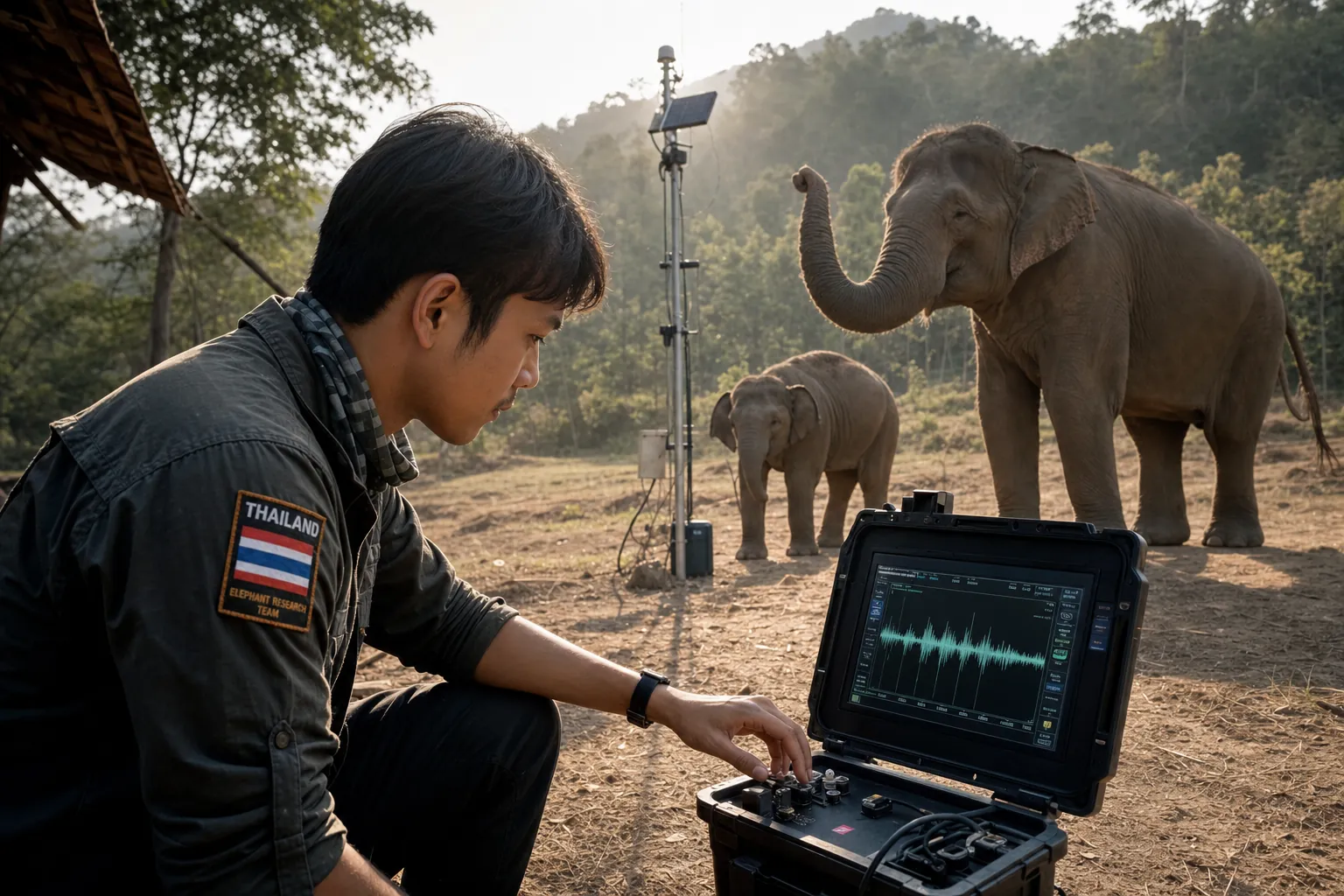 A researcher with a portable station and elephants at the sanctuary