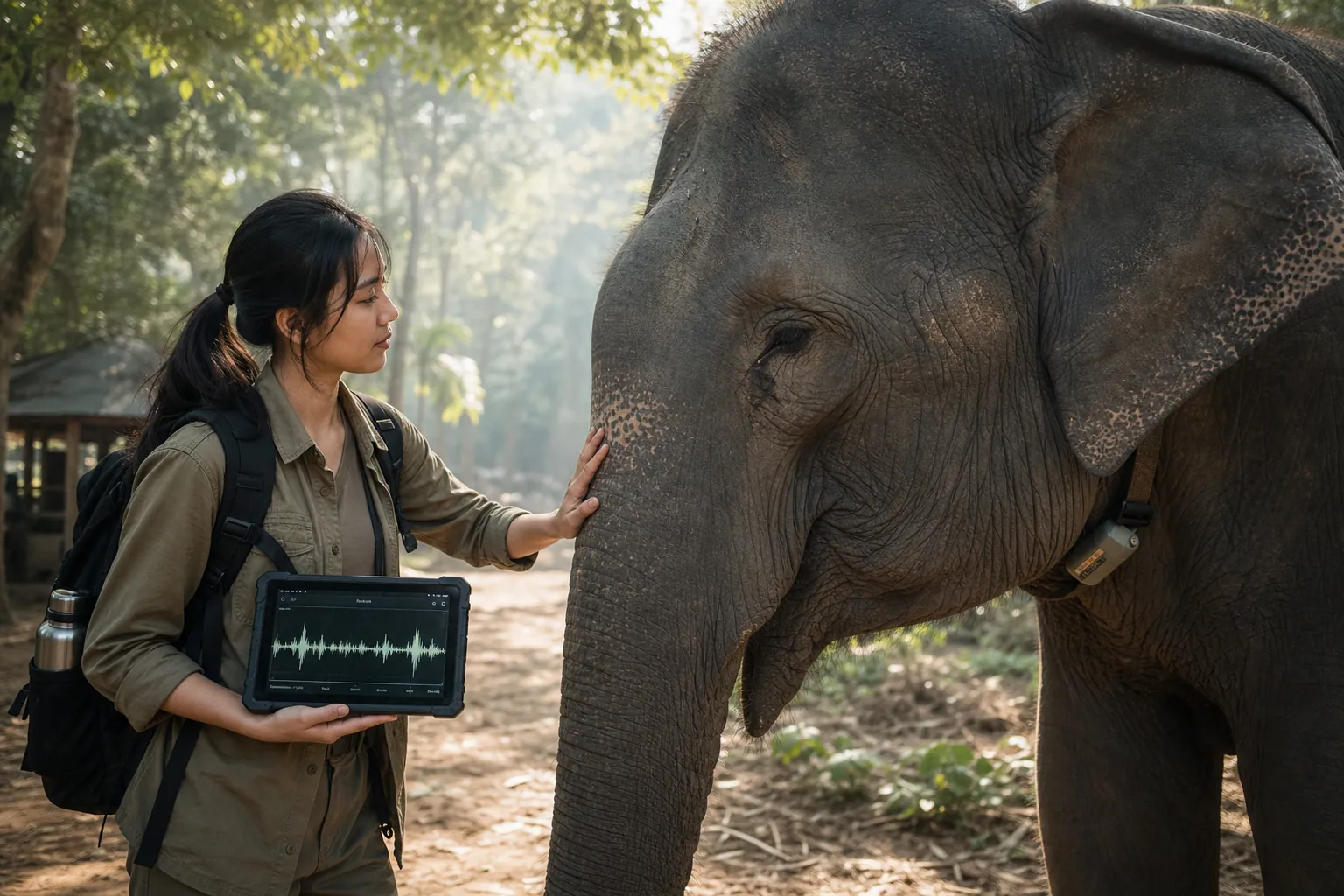 A HERD researcher with an elephant and a tablet showing a waveform