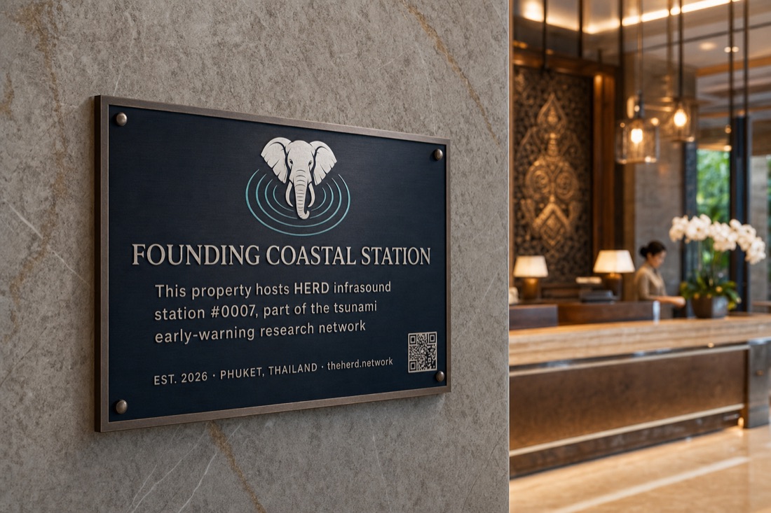 HERD brass lobby plaque — This resort listens to the ocean