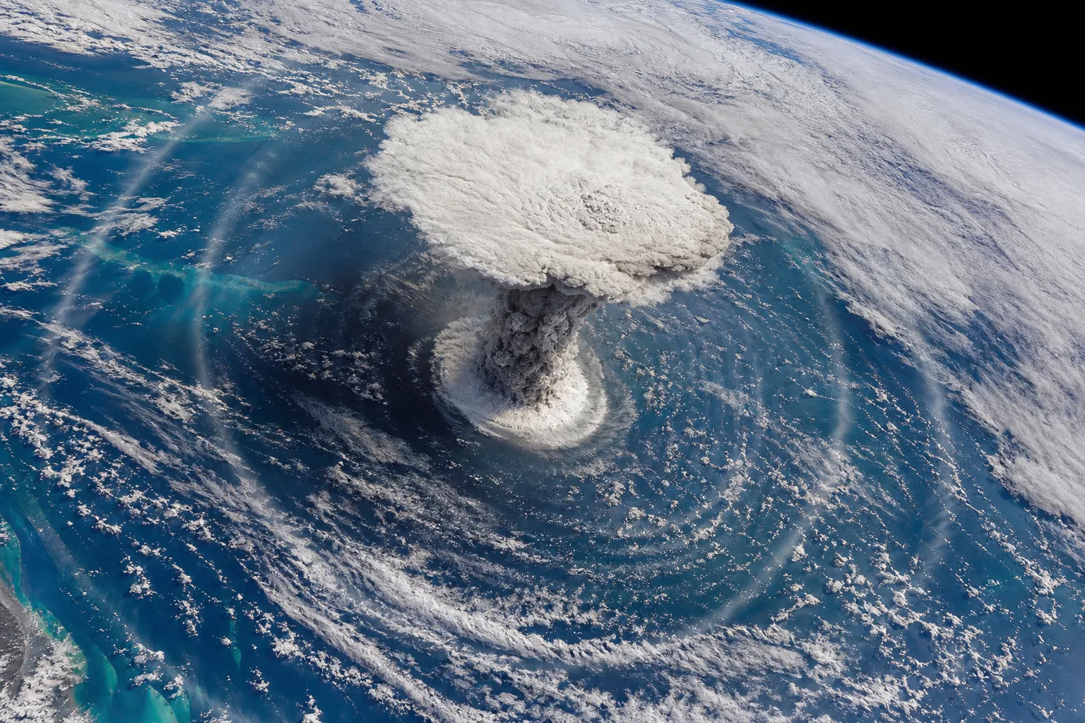 Satellite view of the 2022 Hunga Tonga eruption, whose atmospheric pressure wave circled the Earth