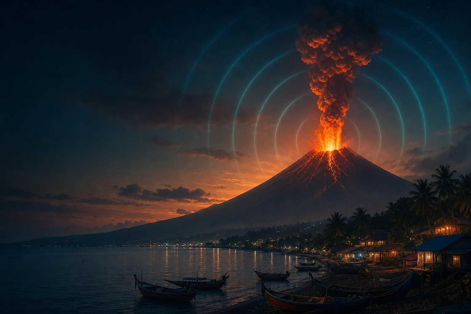 A volcanic eruption with infrasound waves radiating outward