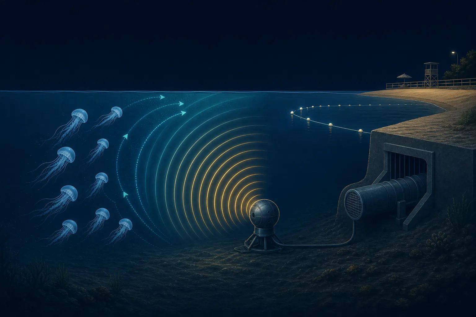 Cutaway diagram: an underwater spherical emitter creates an acoustic barrier at a water intake; jellyfish gently turn away and swim off