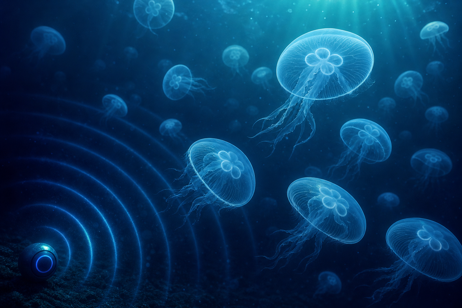 A jellyfish swarm in dark water; soft low-frequency waves spread from a small spherical emitter and the nearer jellyfish turn away