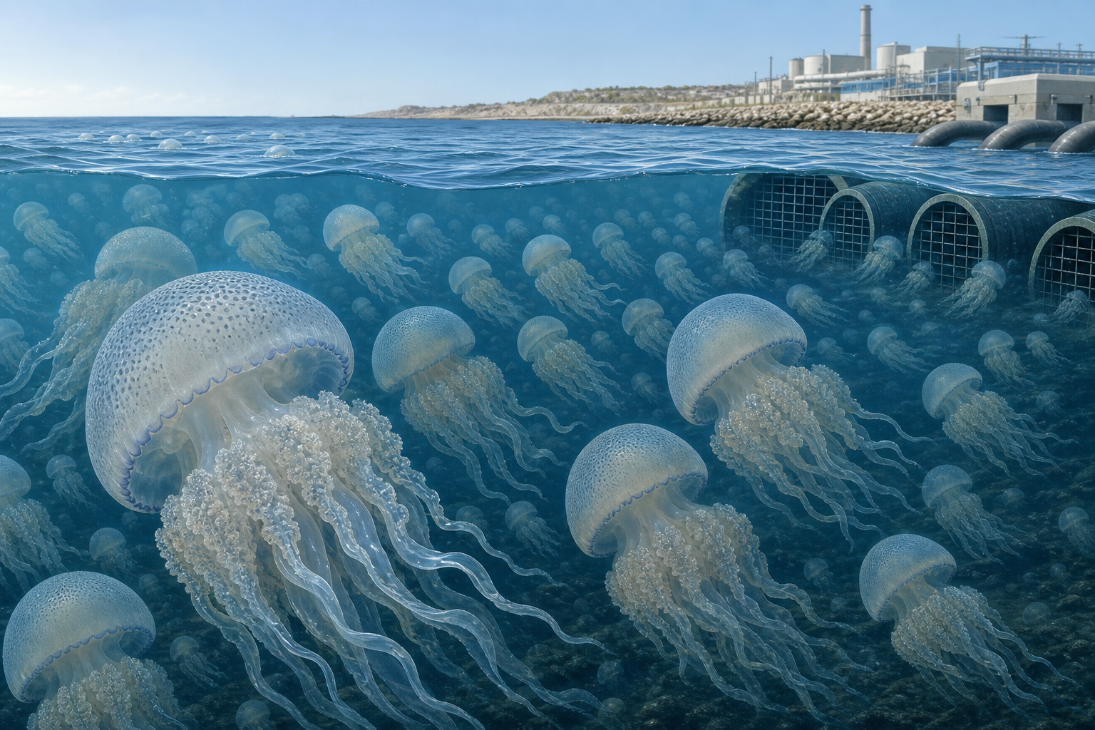 Rhopilema nomadica swarm near desal intake