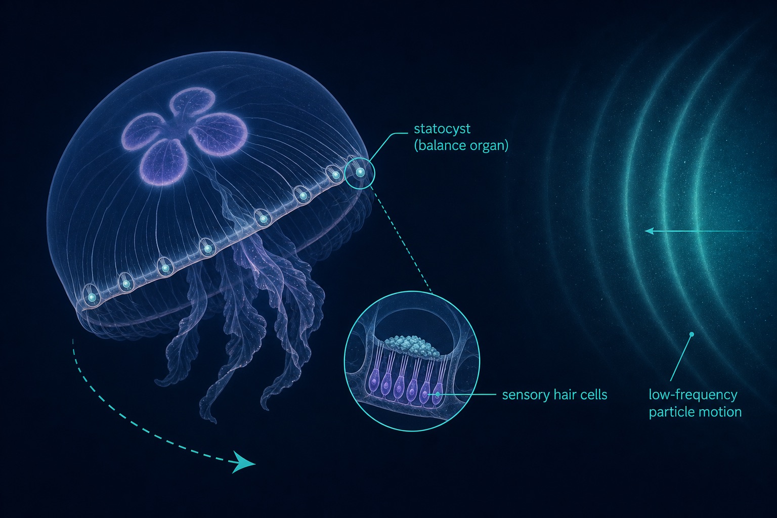 Cross-section illustration: a moon jellyfish senses low-frequency particle motion through statocysts around the bell rim and gently changes course