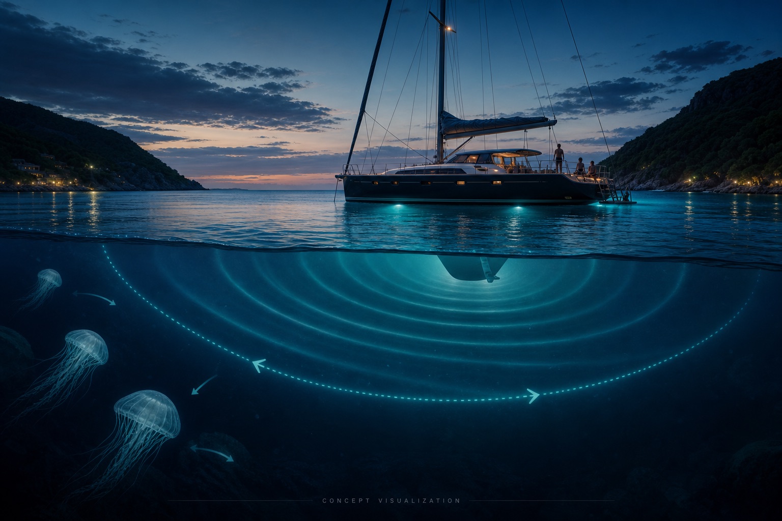 Concept: a blue-water yacht at anchor with a soft low-frequency acoustic corridor gently keeping jellyfish away from the swimming zone