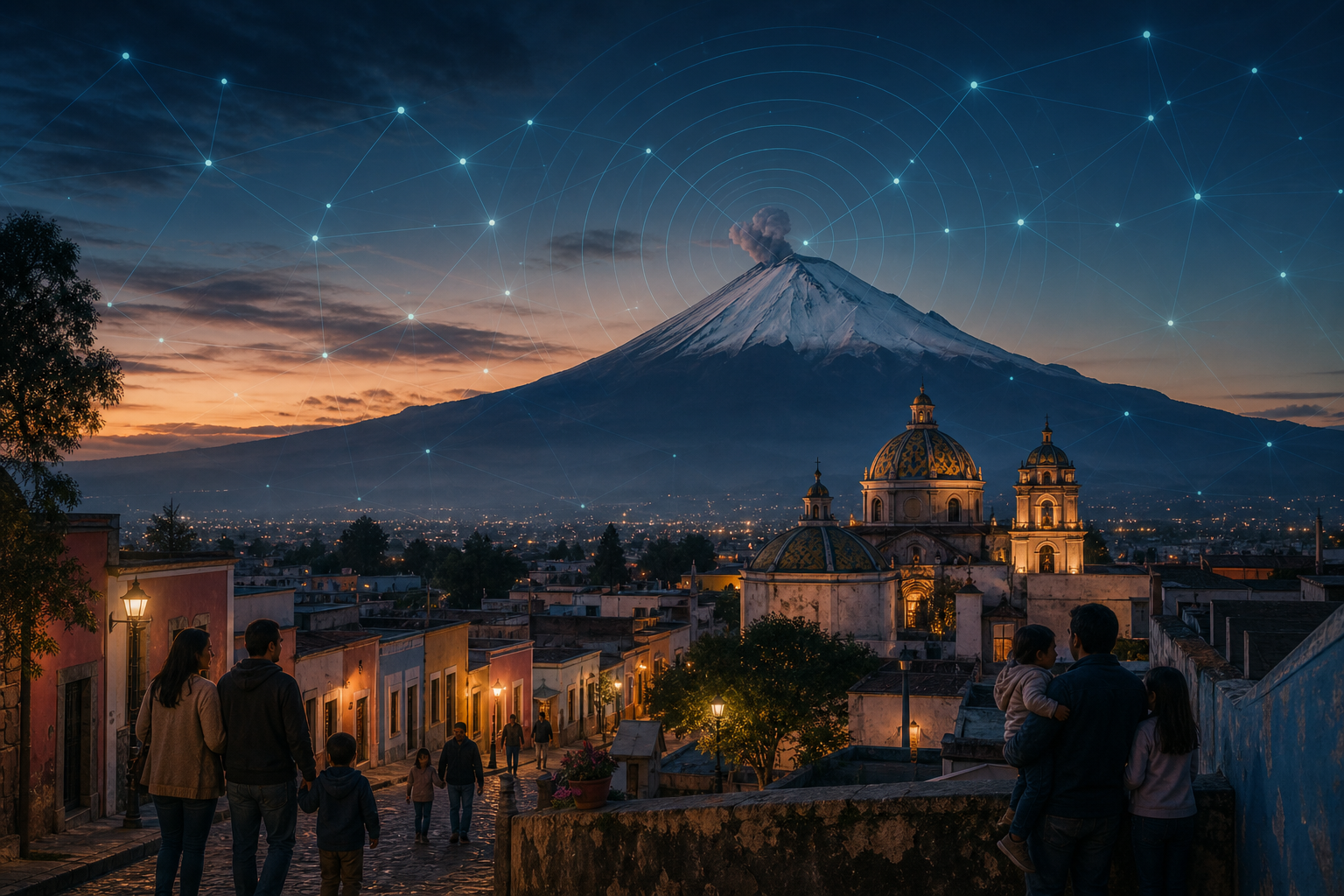 Conceptual illustration of a Mexican community at dusk with Popocatépetl and an overlaid sensor network