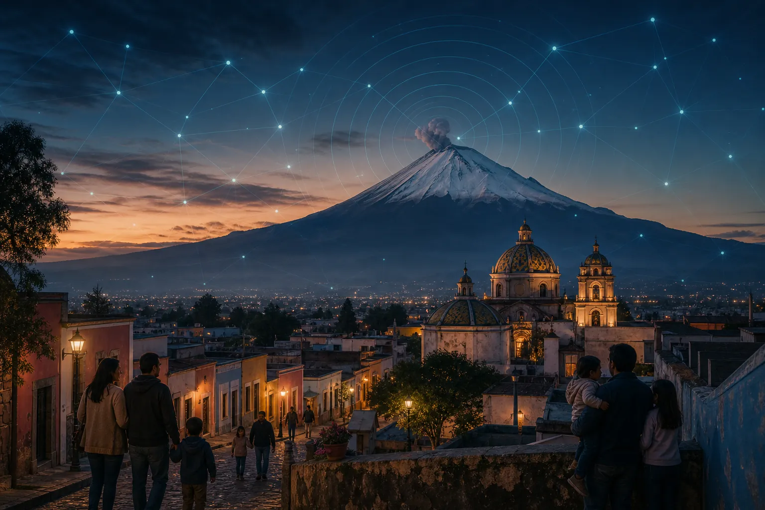 Conceptual illustration of a Mexican community at dusk with Popocatépetl and an overlaid sensor network
