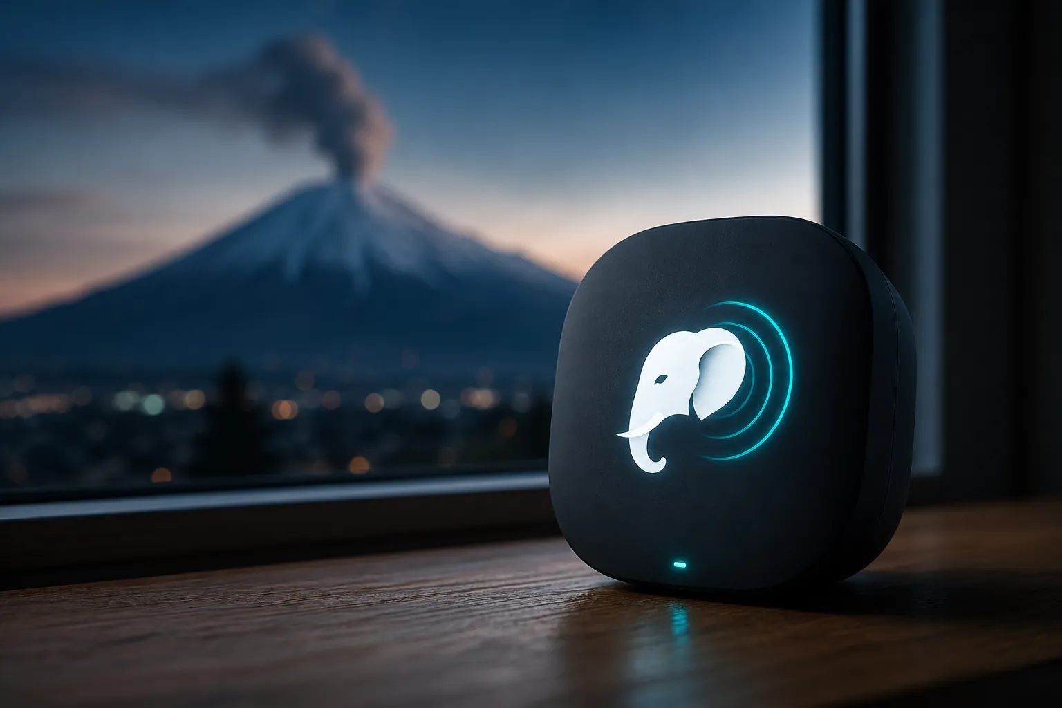 HERD home sensor with the logo on a window, Popocatépetl in the background