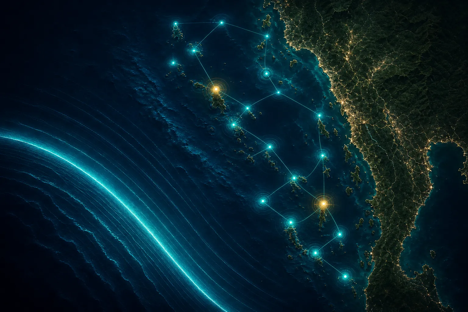 Map of HERD autonomous outposts across the outer Andaman islands, with the tsunami wavefront sweeping in from the southwest